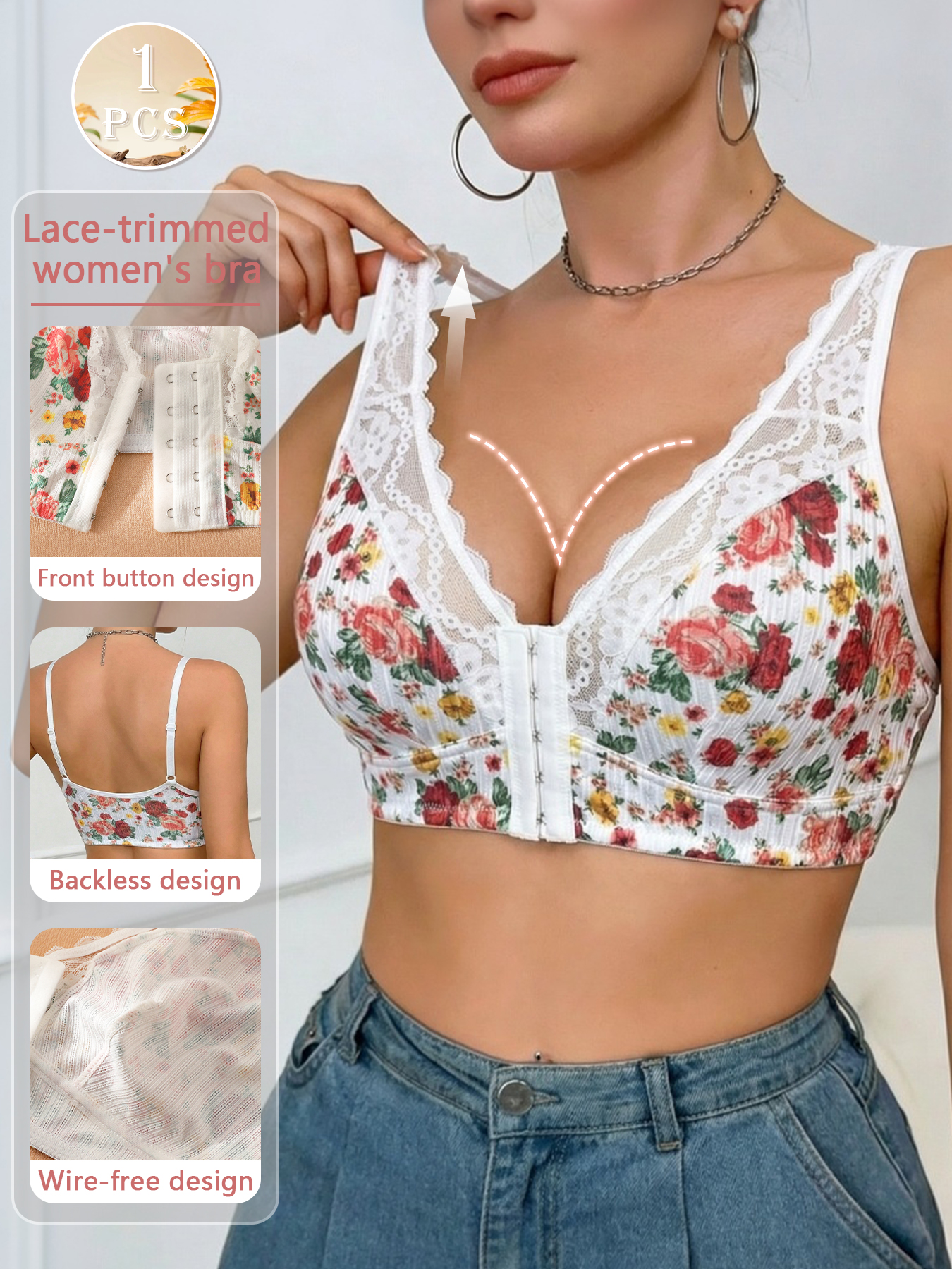 1pc Women's Floral Print Wirel - Wirefree Bra Comfort incelemesi ve fiyatı